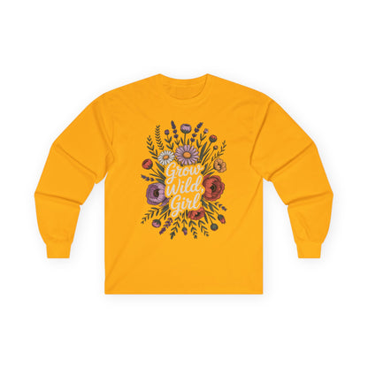 TEEZOCA grow wild girl floral illustration printed on unisex long-sleeve t-shirt Yellow long-sleeve shirt with floral design and 'Grow Wild Girl' text on a white background