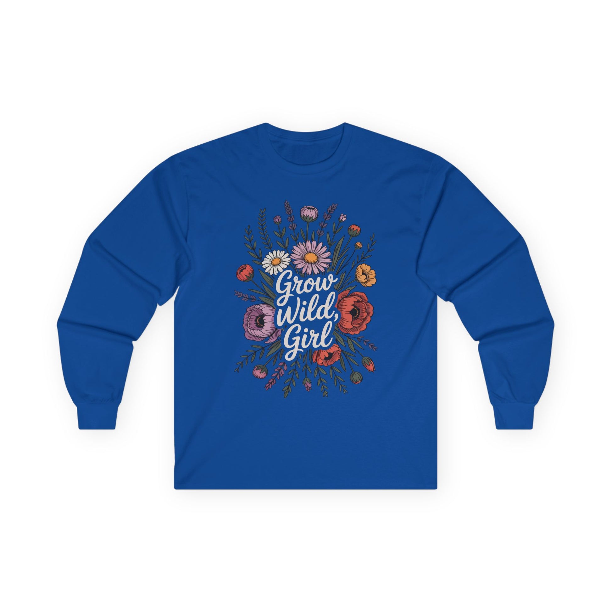 TEEZOCA grow wild girl typography and flowers on unisex long-sleeve t-shirt Blue long-sleeve shirt with floral design and 'Grow Wild Girl' text on a white background