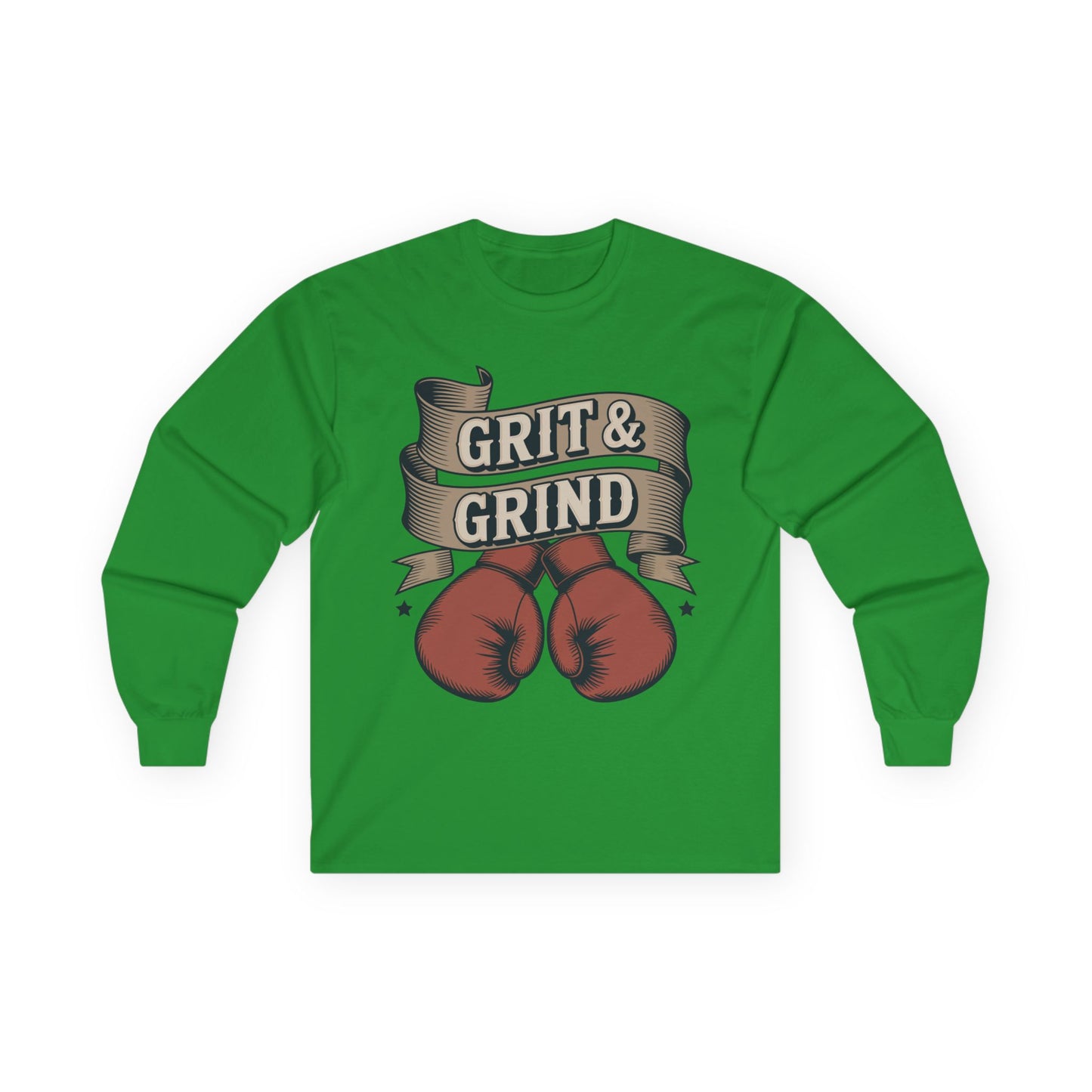 TEEZOCA gym mindset boxing graphic unisex long-sleeve shirt Green long-sleeve shirt with boxing gloves and 'Grit & Grind' text on a white background