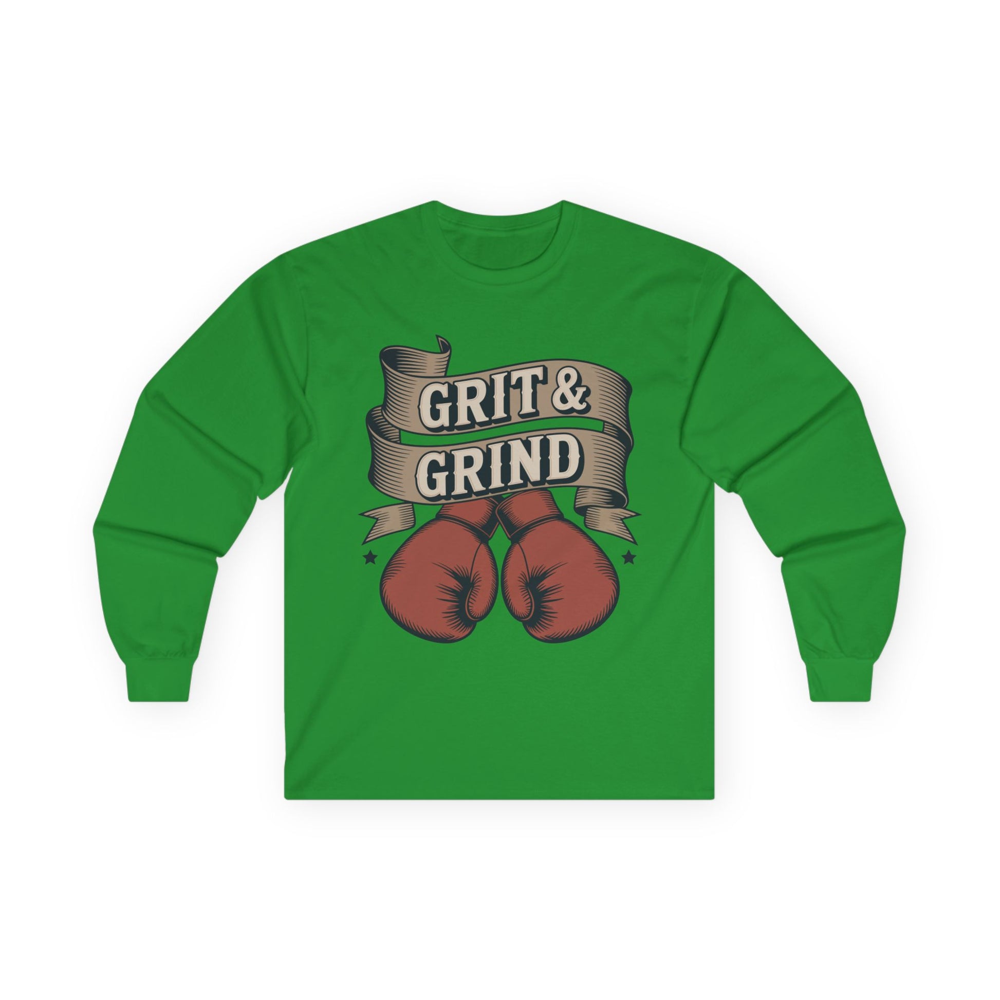 TEEZOCA gym mindset boxing graphic unisex long-sleeve shirt Green long-sleeve shirt with boxing gloves and 'Grit & Grind' text on a white background
