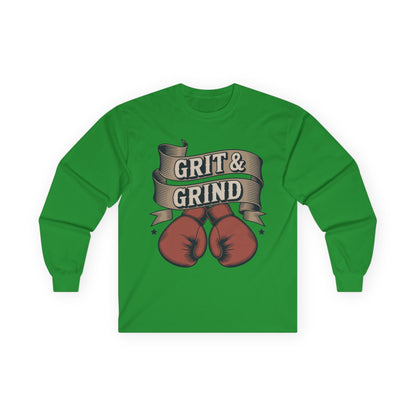 TEEZOCA gym mindset boxing graphic unisex long-sleeve shirt Green long-sleeve shirt with boxing gloves and 'Grit & Grind' text on a white background