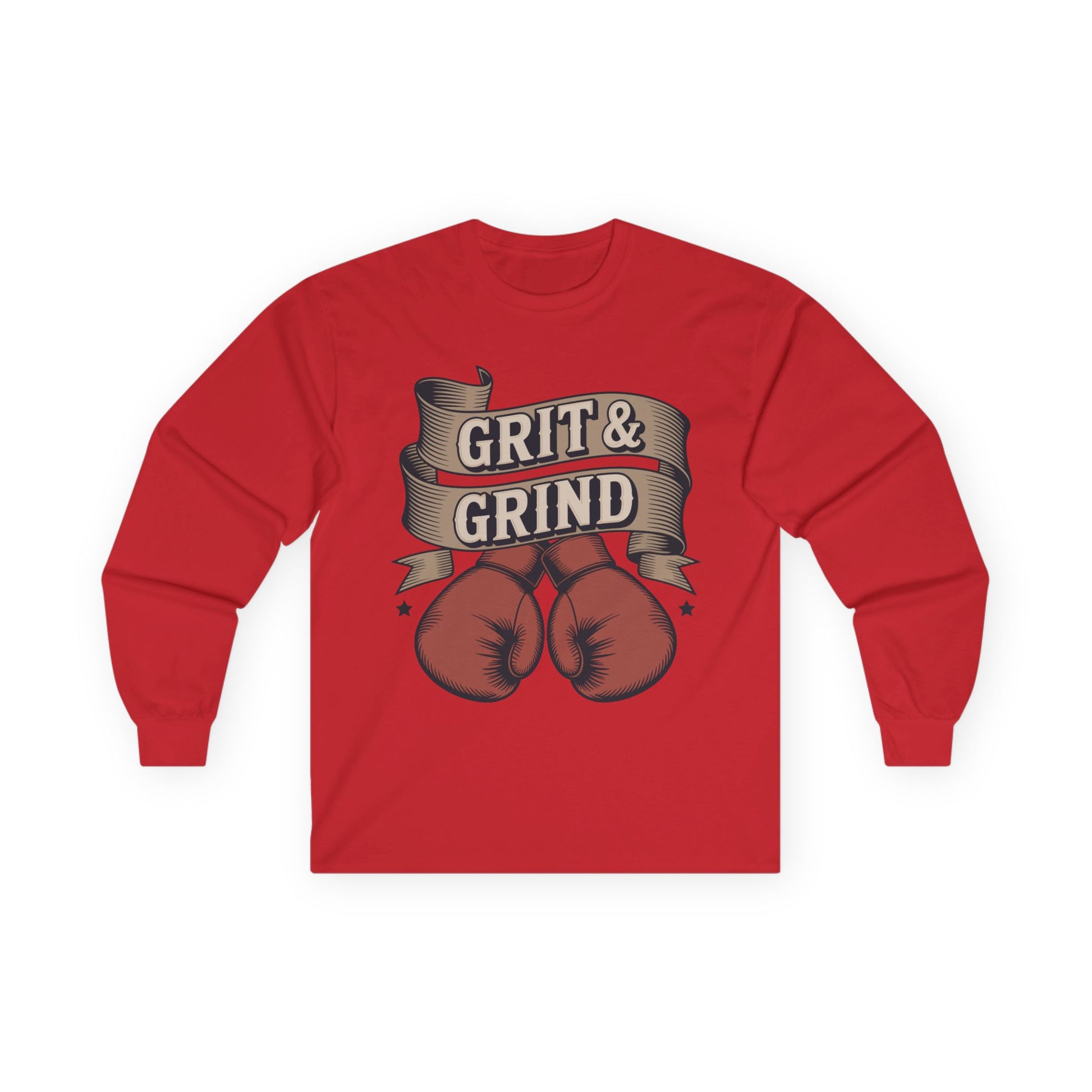 TEEZOCA gym mindset boxing graphic unisex long-sleeve shirt Red long-sleeve shirt with boxing gloves and 'Grit & Grind' text on a white background