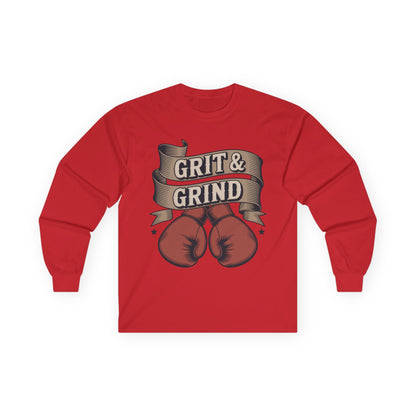 TEEZOCA gym mindset boxing graphic unisex long-sleeve shirt Red long-sleeve shirt with boxing gloves and 'Grit & Grind' text on a white background