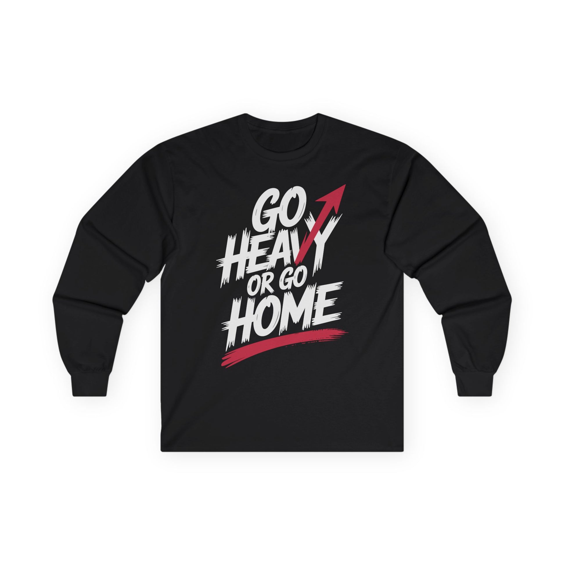 TEEZOCA gym mindset typography long-sleeve t-shirt Black long-sleeve shirt with 'Go Heavy or Go Home' text on a white background