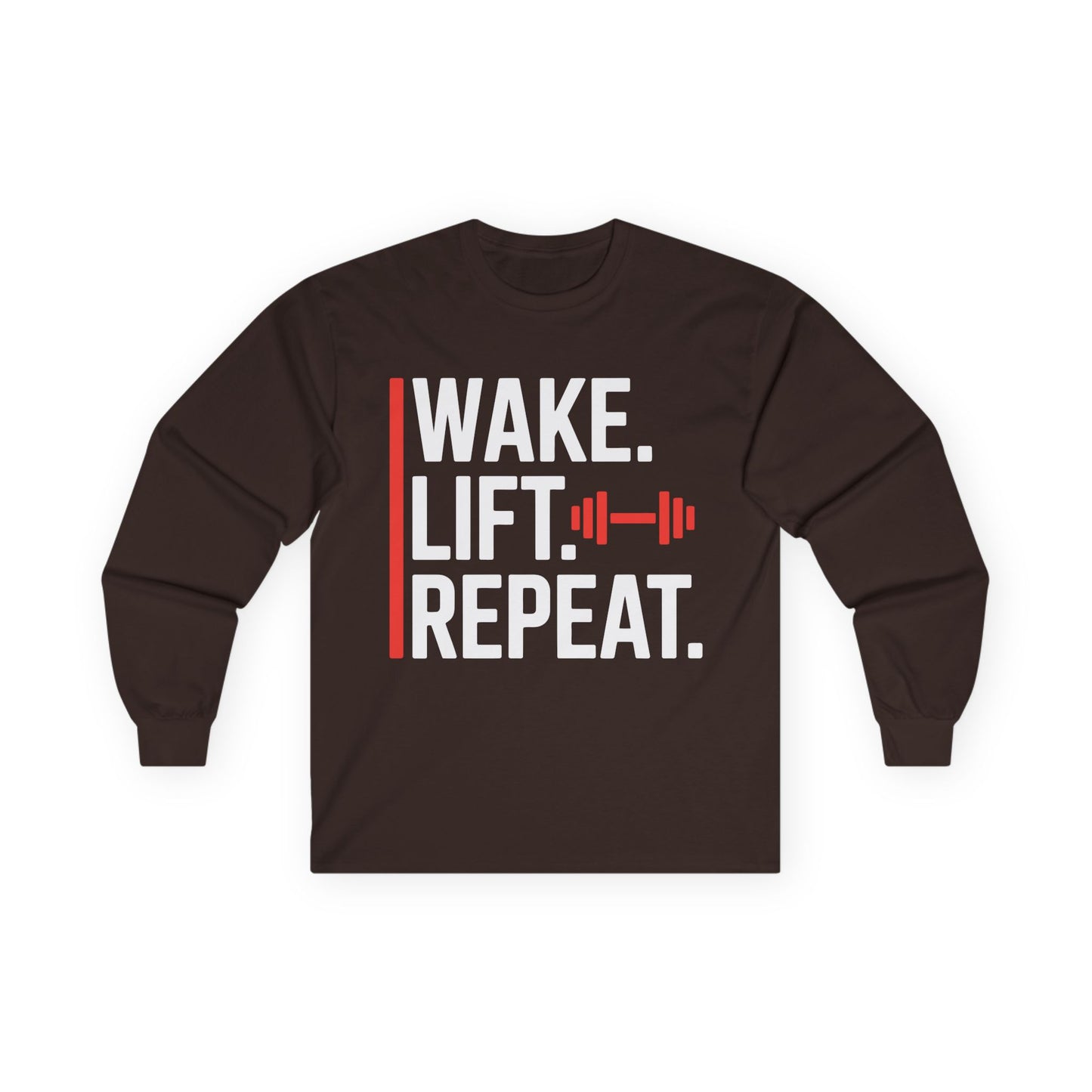 TEEZOCA gym motivation typography long-sleeve shirt Brown long-sleeve shirt with 'Wake. Lift. Repeat.' text on a white background