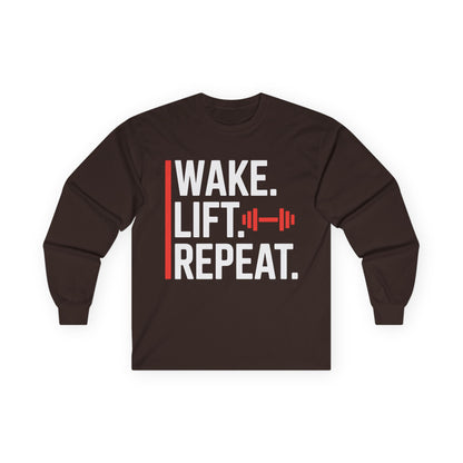 TEEZOCA gym motivation typography long-sleeve shirt Brown long-sleeve shirt with 'Wake. Lift. Repeat.' text on a white background