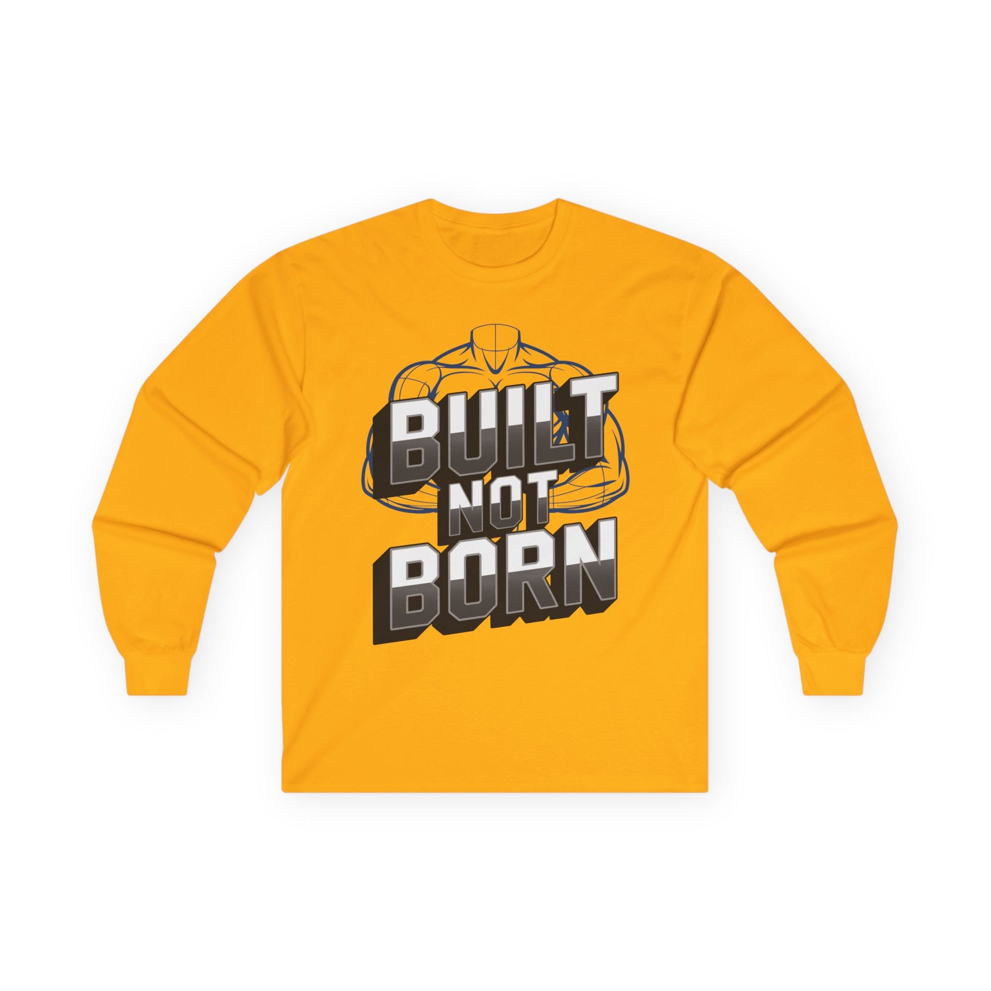 TEEZOCA gym motivation typography long-sleeve shirt Yellow long-sleeve shirt with 'Built Not Born' graphic on a white background