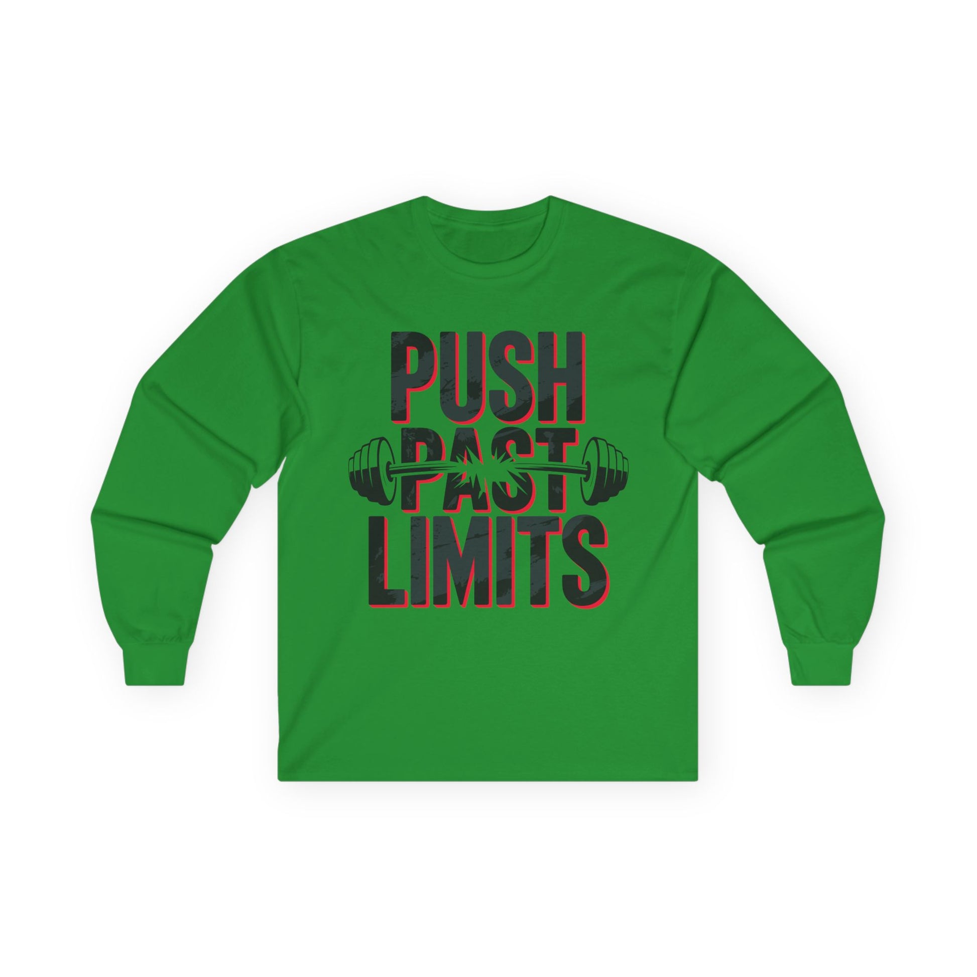 TEEZOCA gym motivation typography unisex long-sleeve t-shirt Green long-sleeve shirt with 'Push Past Limits' text and barbell graphic on a white background