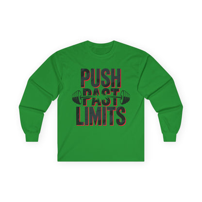 TEEZOCA gym motivation typography unisex long-sleeve t-shirt Green long-sleeve shirt with 'Push Past Limits' text and barbell graphic on a white background