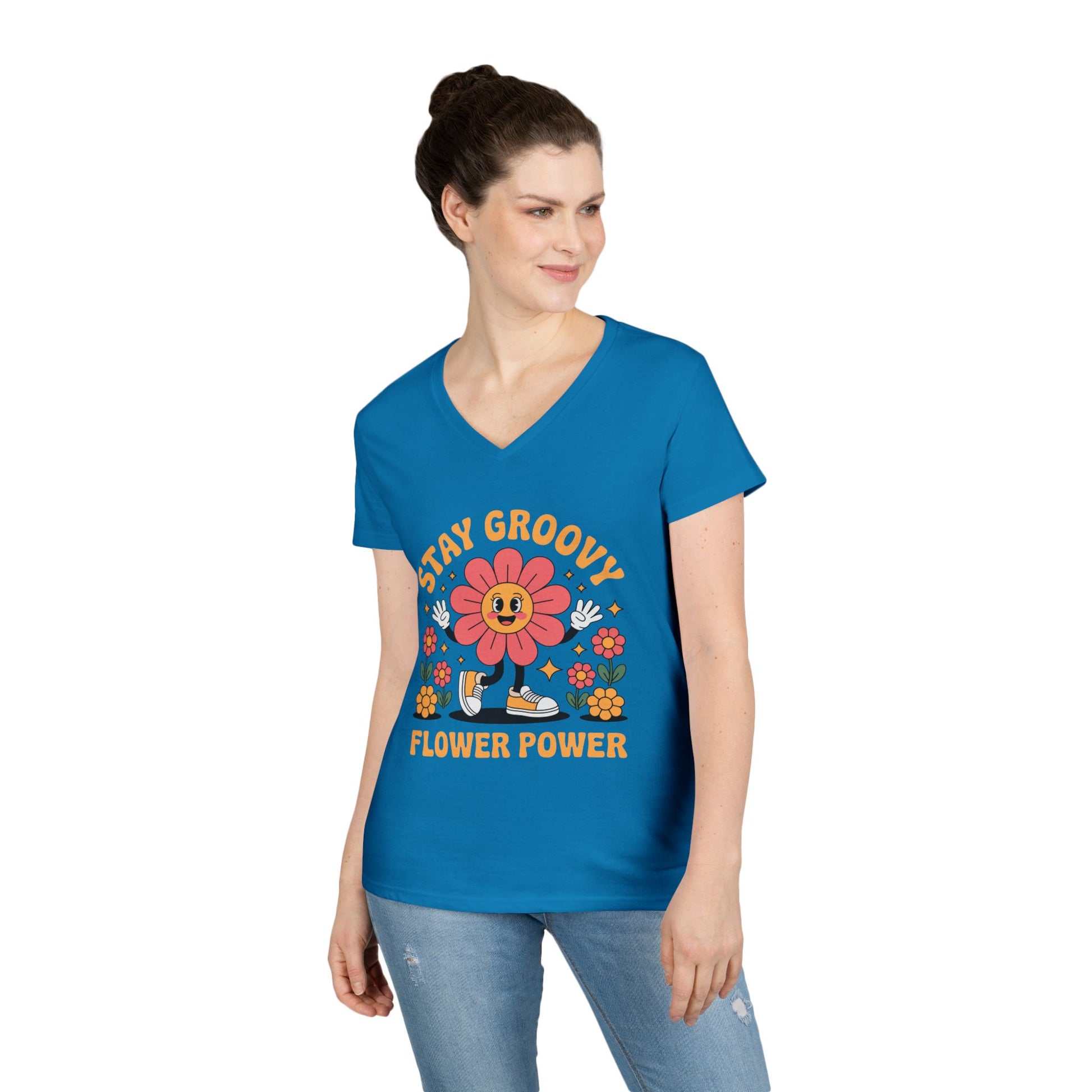 Stay Groovy Flower Power Retro V-Neck T-Shirt for Women Style | TEEZOCA 