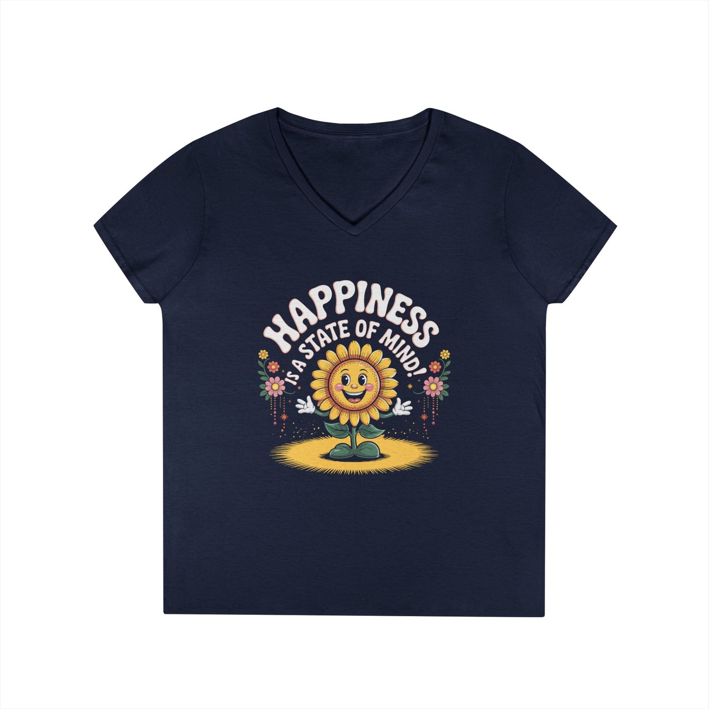 Happy Pines Ladies’ V-Neck T-Shirt Positive Quote Floral Design | TEEZOCA 