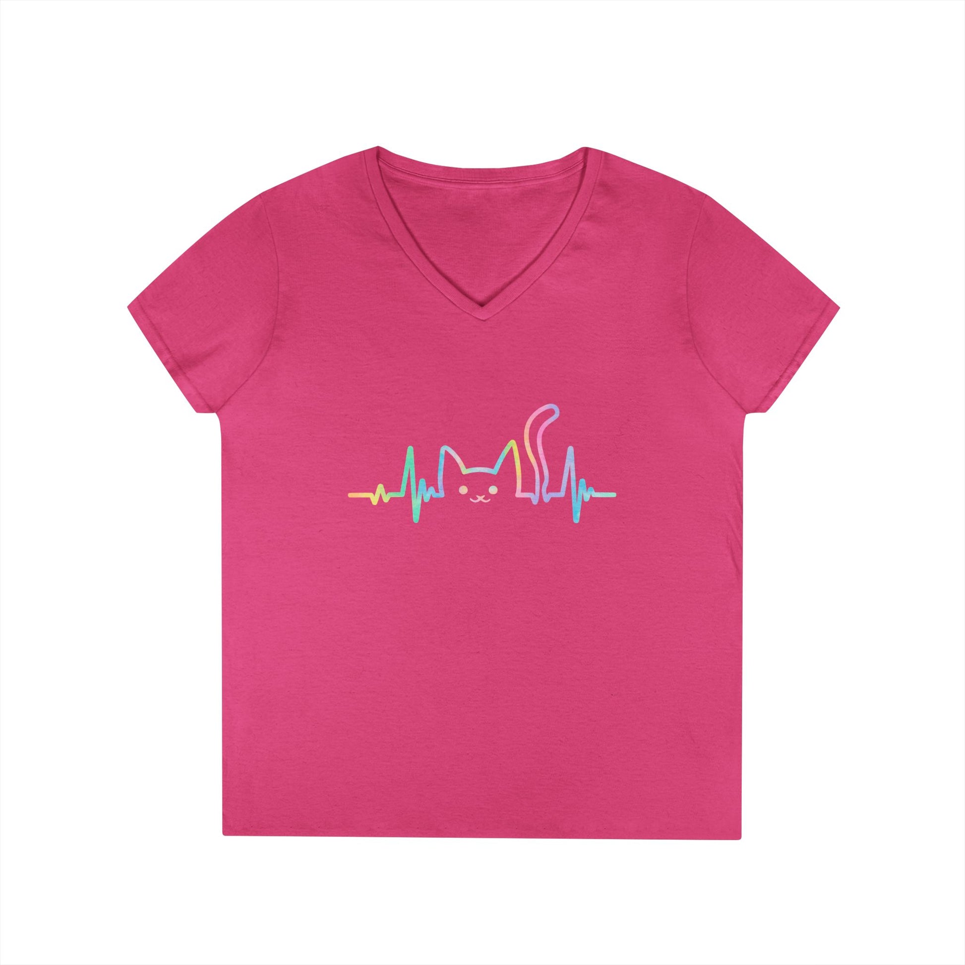 Cute Cat Heartbeat V-Neck T-Shirt Aesthetic Pet Lover Style Tee | TEEZOCA 