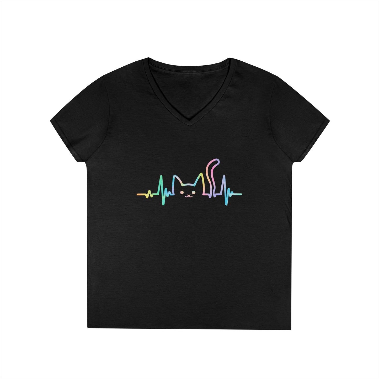Cute Cat Heartbeat V-Neck T-Shirt Aesthetic Pet Lover Style Tee | TEEZOCA 