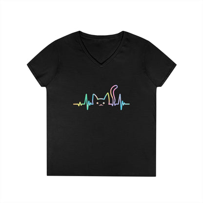 Cute Cat Heartbeat V-Neck T-Shirt Aesthetic Pet Lover Style Tee | TEEZOCA 