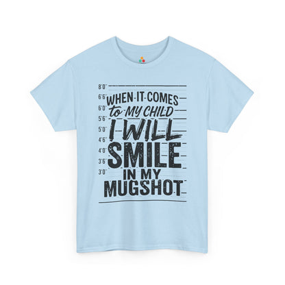 TEEZOCA height chart background graphic on Unisex T-shirt with protective slogan When It Comes To My Child I Will Smile In My Mugshot Funny Parental Humor T-Shirt | TEEZOCA 