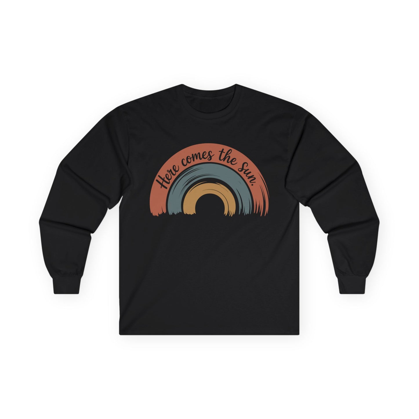 TEEZOCA here comes the sun positive rainbow graphic on unisex long-sleeve t-shirt Black long-sleeve shirt with a rainbow design and 'Here comes the sun' text on a white background