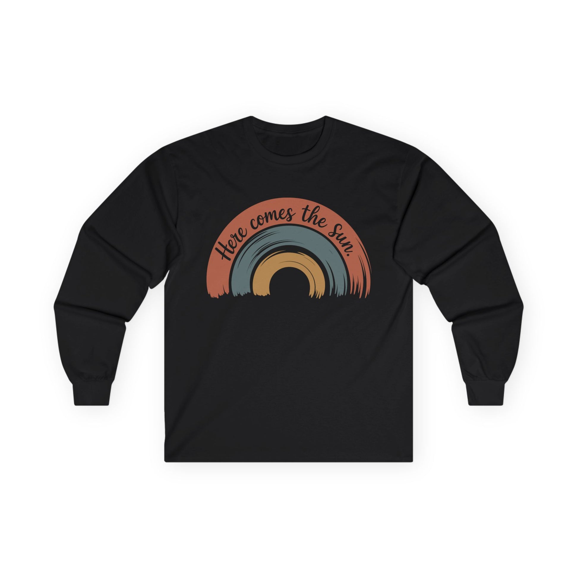 TEEZOCA here comes the sun positive rainbow graphic on unisex long-sleeve t-shirt Black long-sleeve shirt with a rainbow design and 'Here comes the sun' text on a white background