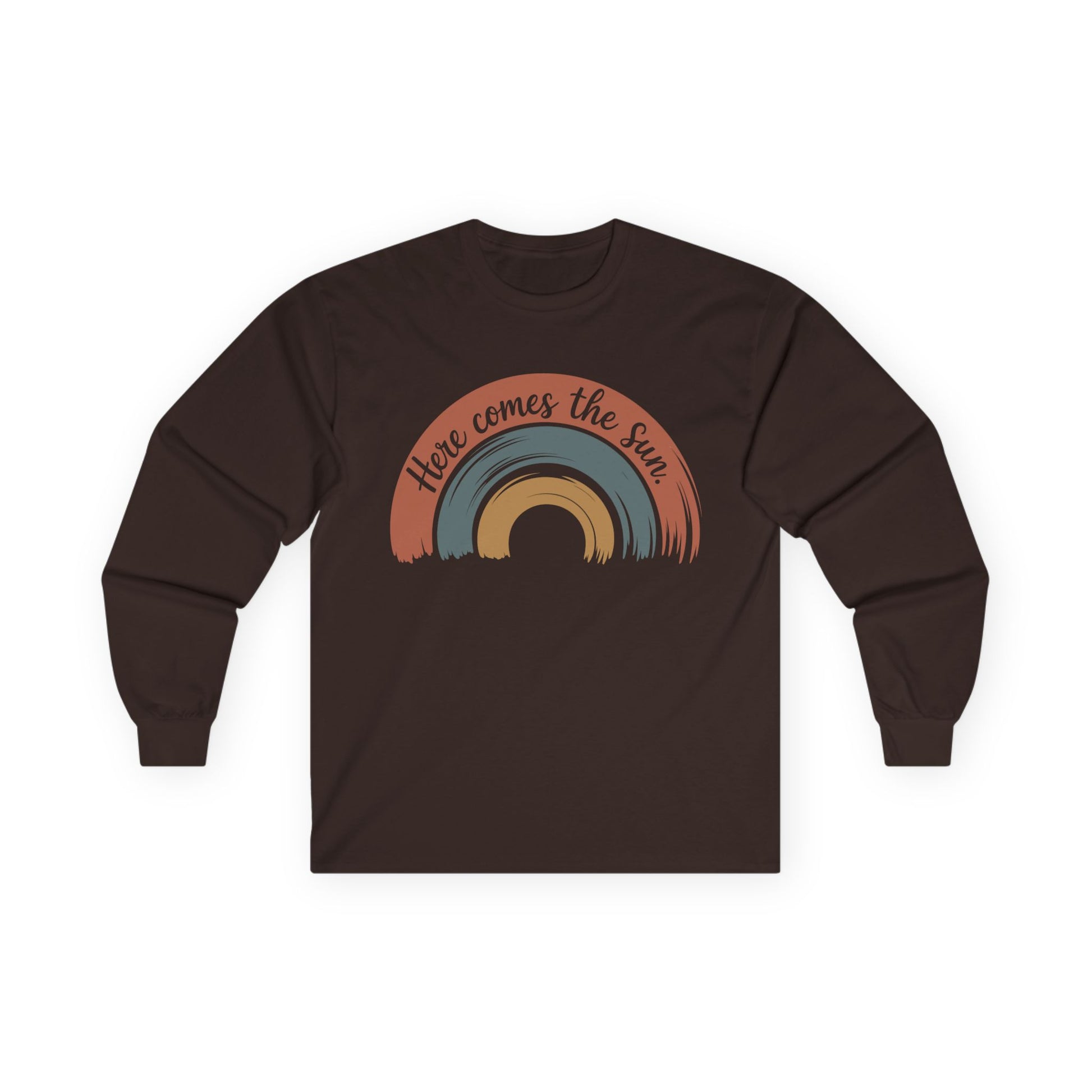 TEEZOCA here comes the sun rainbow design on unisex long-sleeve t-shirt Brown long-sleeve shirt with rainbow design and text on a white background