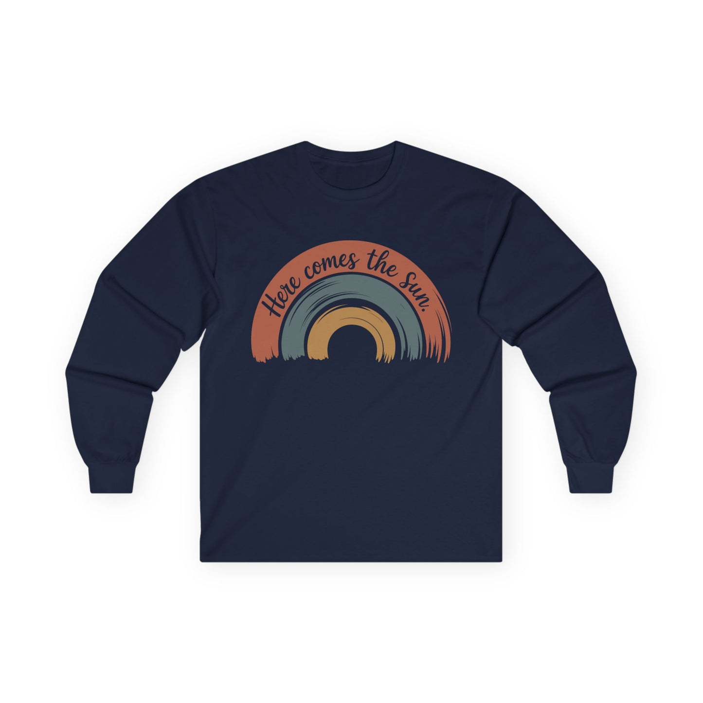 TEEZOCA here comes the sun rainbow design on unisex long-sleeve t-shirt Navy blue long-sleeve shirt with a rainbow design and 'Here comes the sun' text on a white background