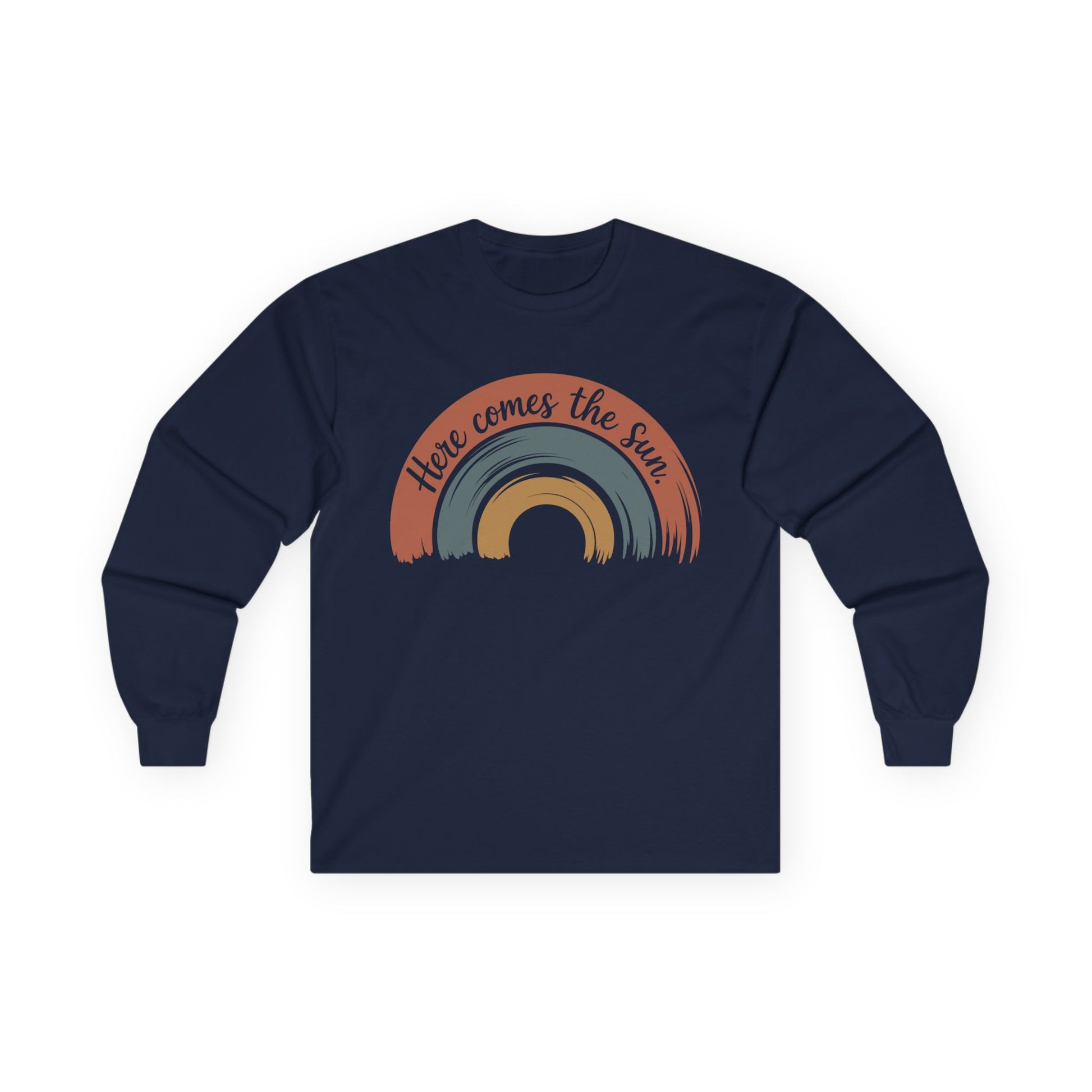 TEEZOCA here comes the sun rainbow design on unisex long-sleeve t-shirt Navy blue long-sleeve shirt with a rainbow design and 'Here comes the sun' text on a white background