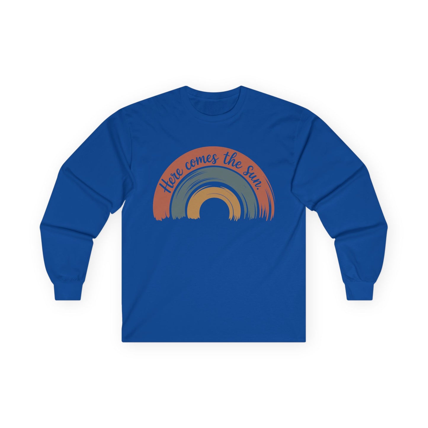 TEEZOCA here comes the sun retro rainbow art on unisex long-sleeve t-shirt Blue long-sleeve shirt with rainbow design and text on a white background