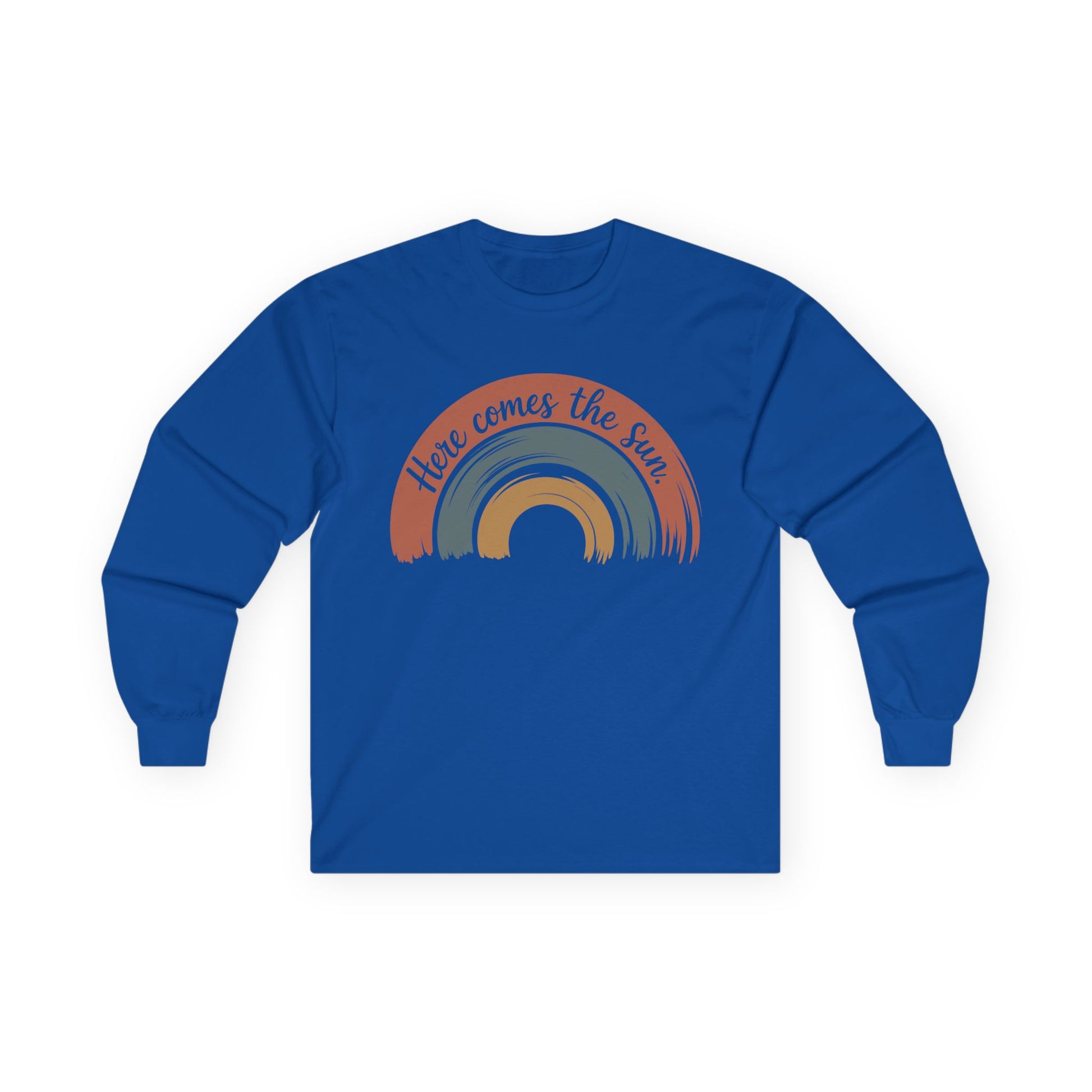 TEEZOCA here comes the sun retro rainbow art on unisex long-sleeve t-shirt Blue long-sleeve shirt with rainbow design and text on a white background