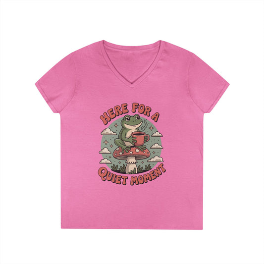 Here for a Quiet Moment Frog Coffee Graphic V-Neck T-Shirt for Women | TEEZOCA 