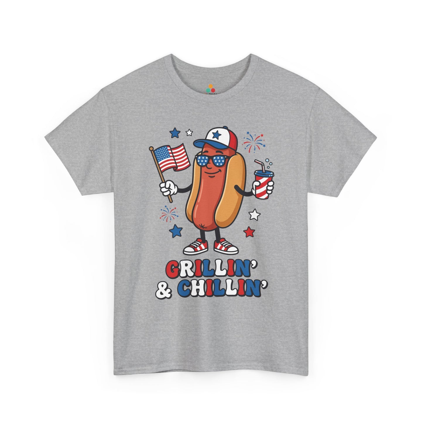 TEEZOCA hot dog shirt T-shirt with Grillin’ & Chillin’ lettering, red white and blue cap, flag sunglasses, and fireworks.
