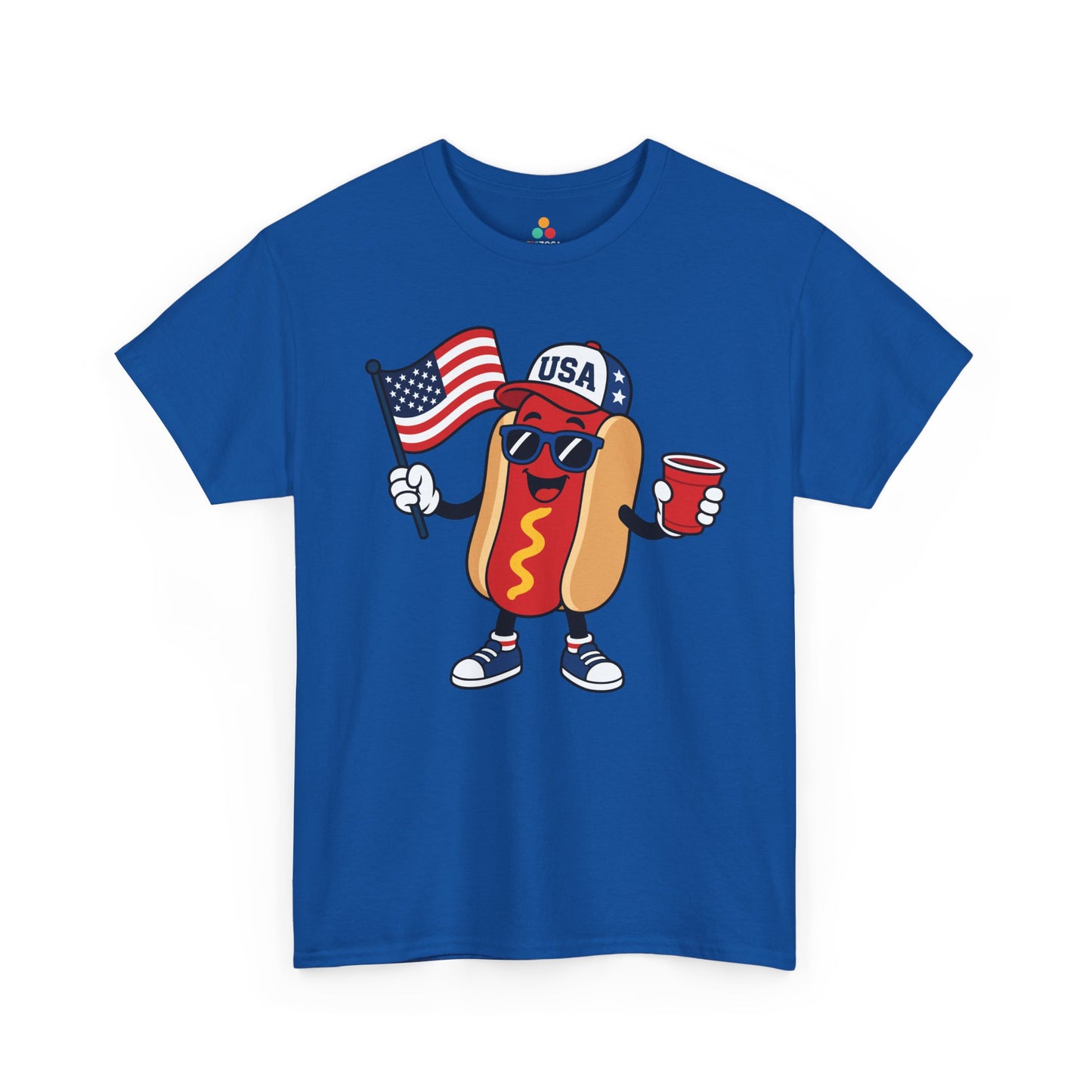 TEEZOCA hot dog shirt T-shirt with USA hat, blue sunglasses, mustard detail, sneakers, and Independence Day party artwork.
