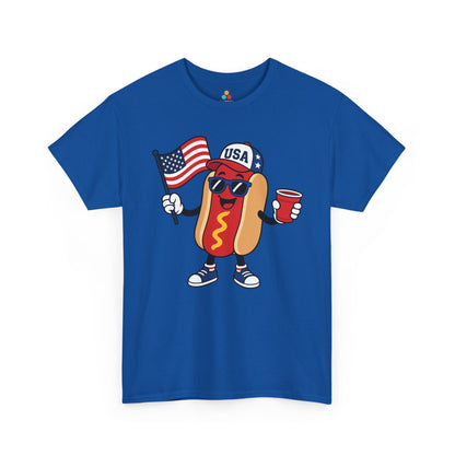 TEEZOCA hot dog shirt T-shirt with USA hat, blue sunglasses, mustard detail, sneakers, and Independence Day party artwork.
