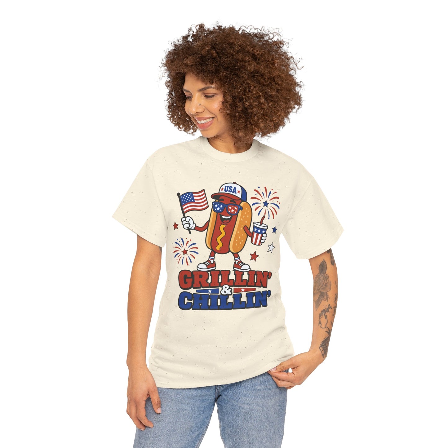 TEEZOCA hot dog shirt t-shirt featuring a smiling hot dog mascot with flag sunglasses, red sneakers, and July 4 BBQ style.
