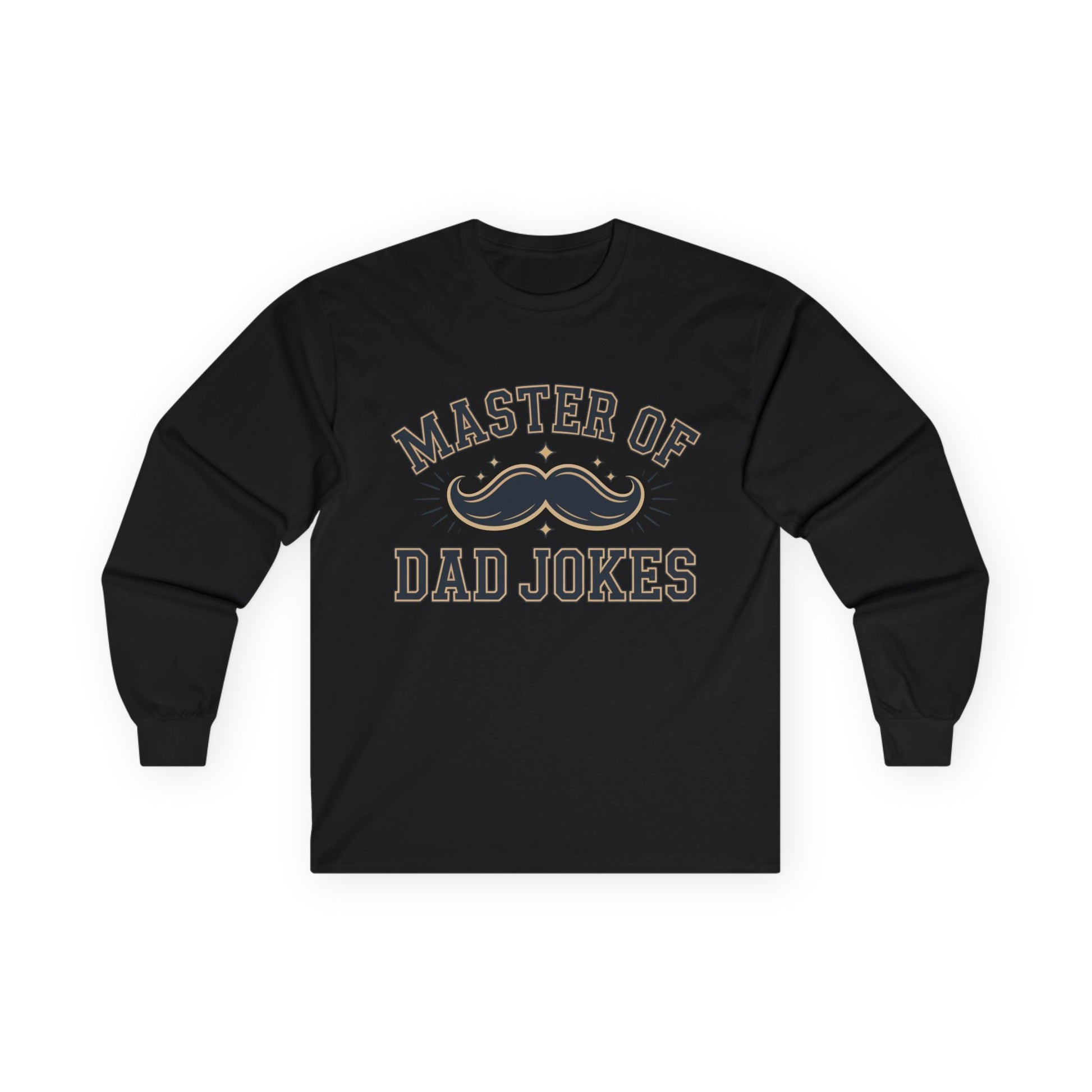 TEEZOCA humor graphic unisex long-sleeve tee Black long-sleeve shirt with 'Master of Dad Jokes' text and mustache graphic on a white background