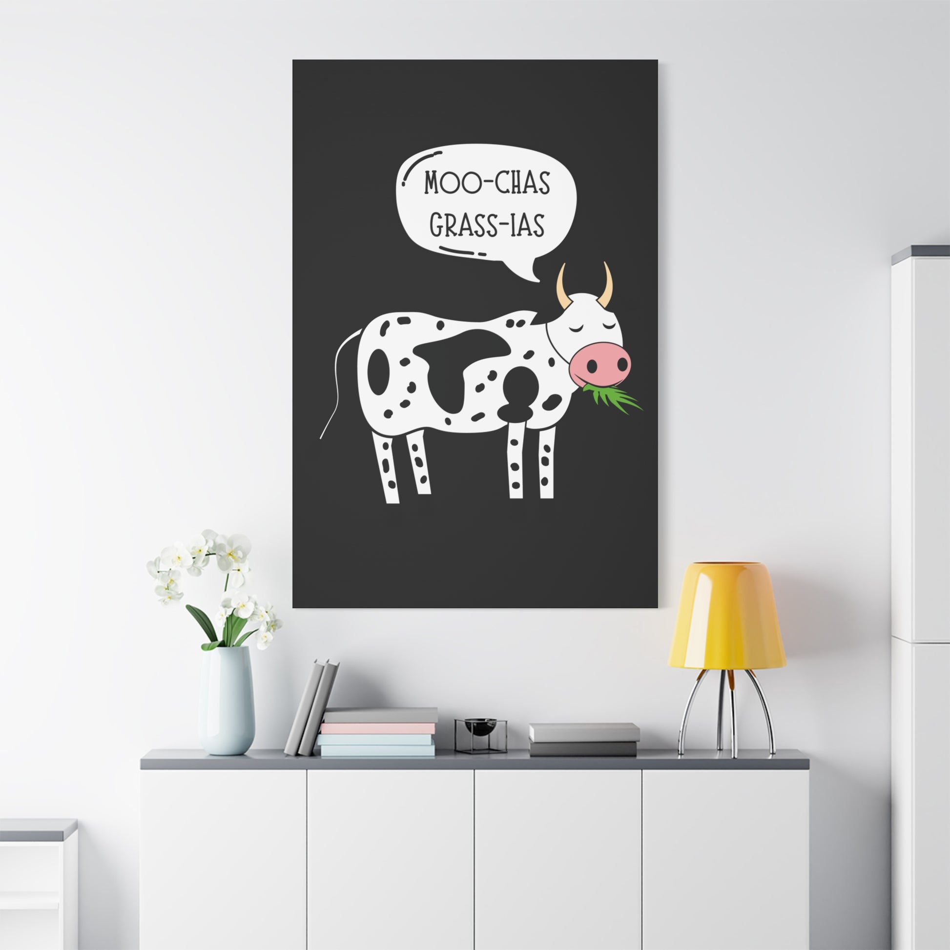 TEEZOCA humorous farm pun canvas print featured in a bright minimalist room.