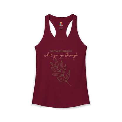 TEEZOCA inspirational grow through what you go through women’s tank top Maroon tank top with motivational quote and leaf design on a white background