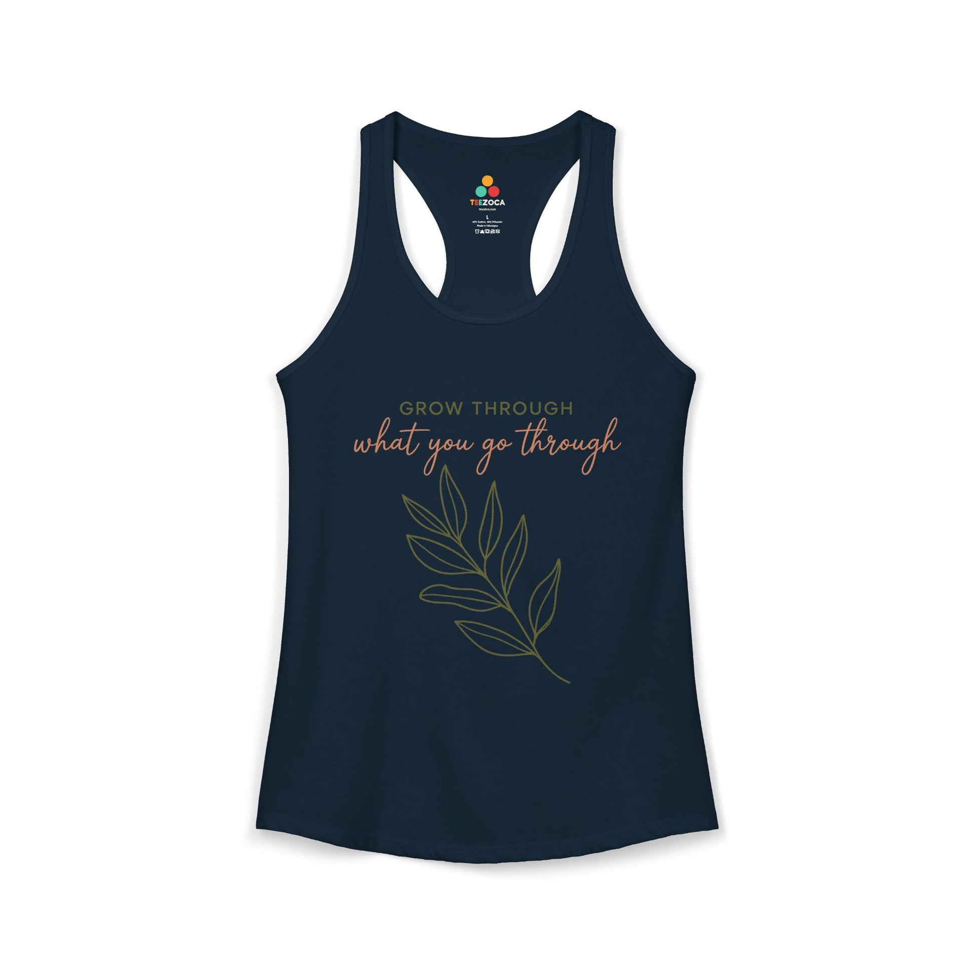 TEEZOCA inspirational grow through what you go through women’s tank top Navy tank top with motivational quote and leaf design on a white background