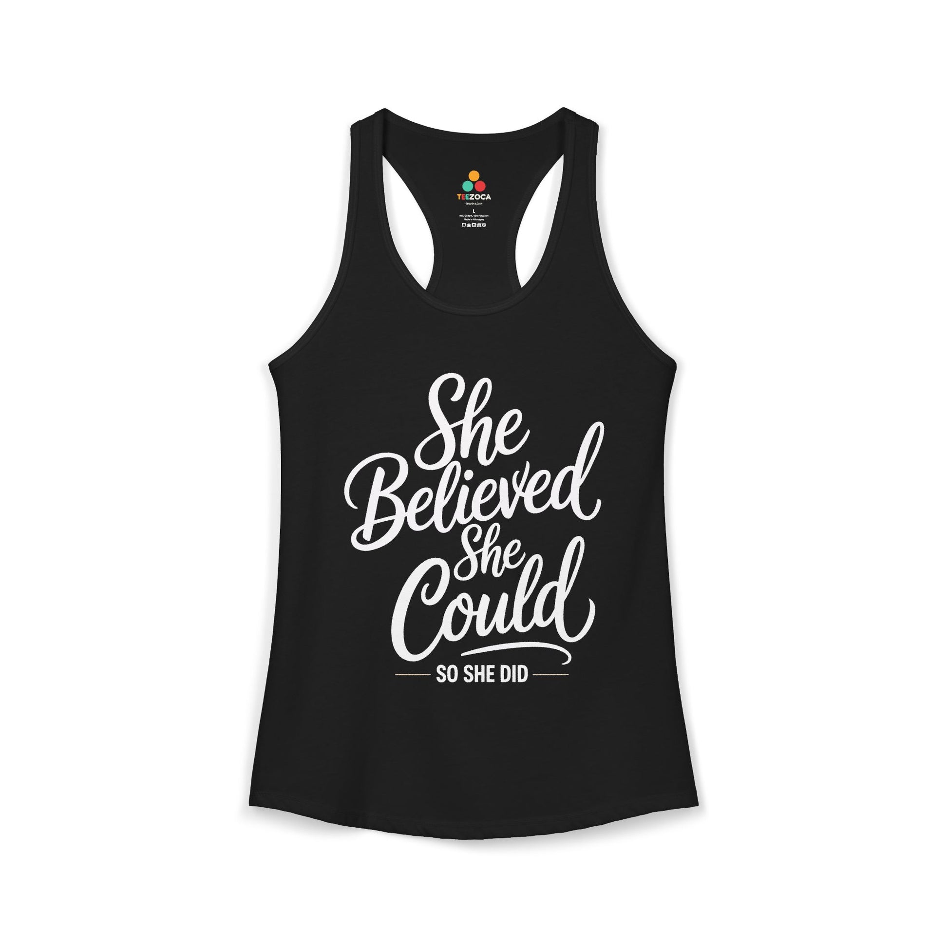 TEEZOCA inspirational quote women’s tank top she believed she could so she did Black tank top with 'She Believed She Could So She Did' text on a white background