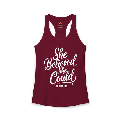 TEEZOCA inspirational quote women’s tank top she believed she could so she did Maroon tank top with 'She Believed She Could, So She Did' text on a white background
