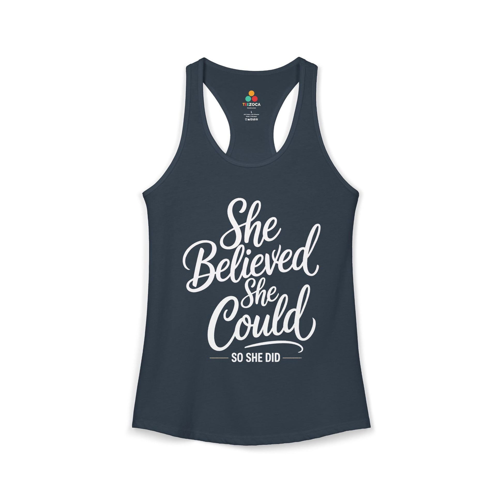 TEEZOCA inspirational quote women’s tank top she believed she could so she did Navy tank top with 'She Believed She Could So She Did' text on a white background