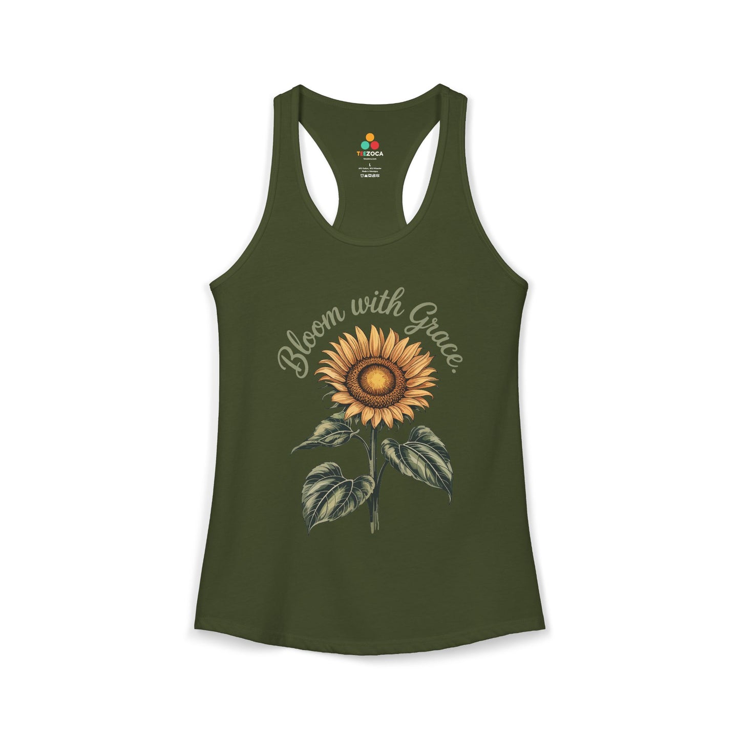 TEEZOCA inspirational sunflower women’s tank top with elegant typography Green tank top with sunflower design and 'Bloom with Grace' text on a white background
