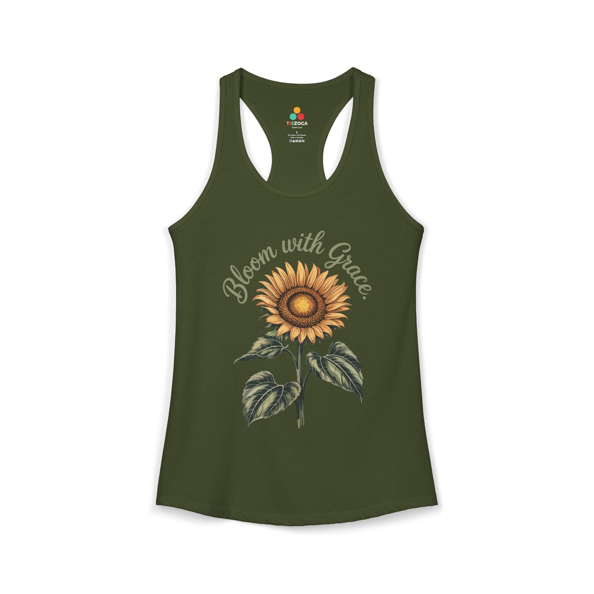 TEEZOCA inspirational sunflower women’s tank top with elegant typography Green tank top with sunflower design and 'Bloom with Grace' text on a white background