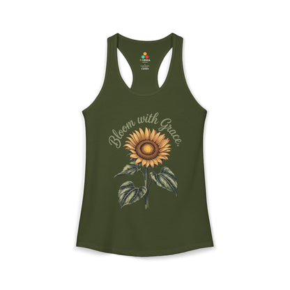 TEEZOCA inspirational sunflower women’s tank top with elegant typography Green tank top with sunflower design and 'Bloom with Grace' text on a white background