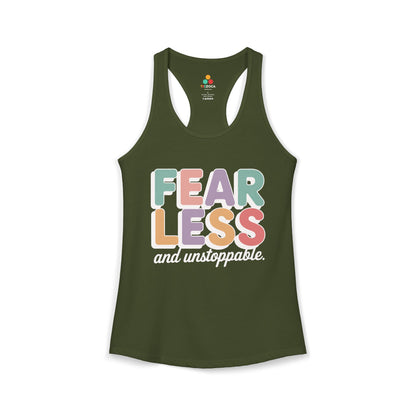 TEEZOCA inspirational women’s tank top with unstoppable message Green tank top with 'Fearless and unstoppable' text on a white background
