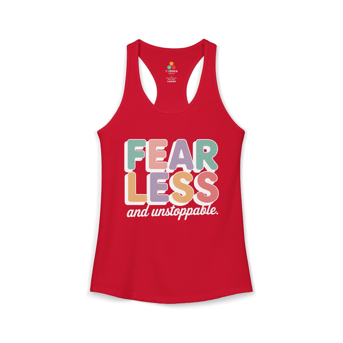 TEEZOCA inspirational women’s tank top with unstoppable message Red tank top with 'FEAR LESS and unstoppable' text on a white background