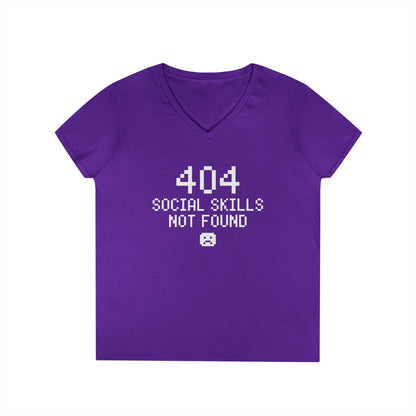 404 Social Skills Not Found Funny Pixel Quote V-Neck T-Shirt for Women | TEEZOCA 