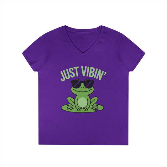 Just Vibin’ Frog Chill Graphic V-Neck T-Shirt for Women | TEEZOCA 