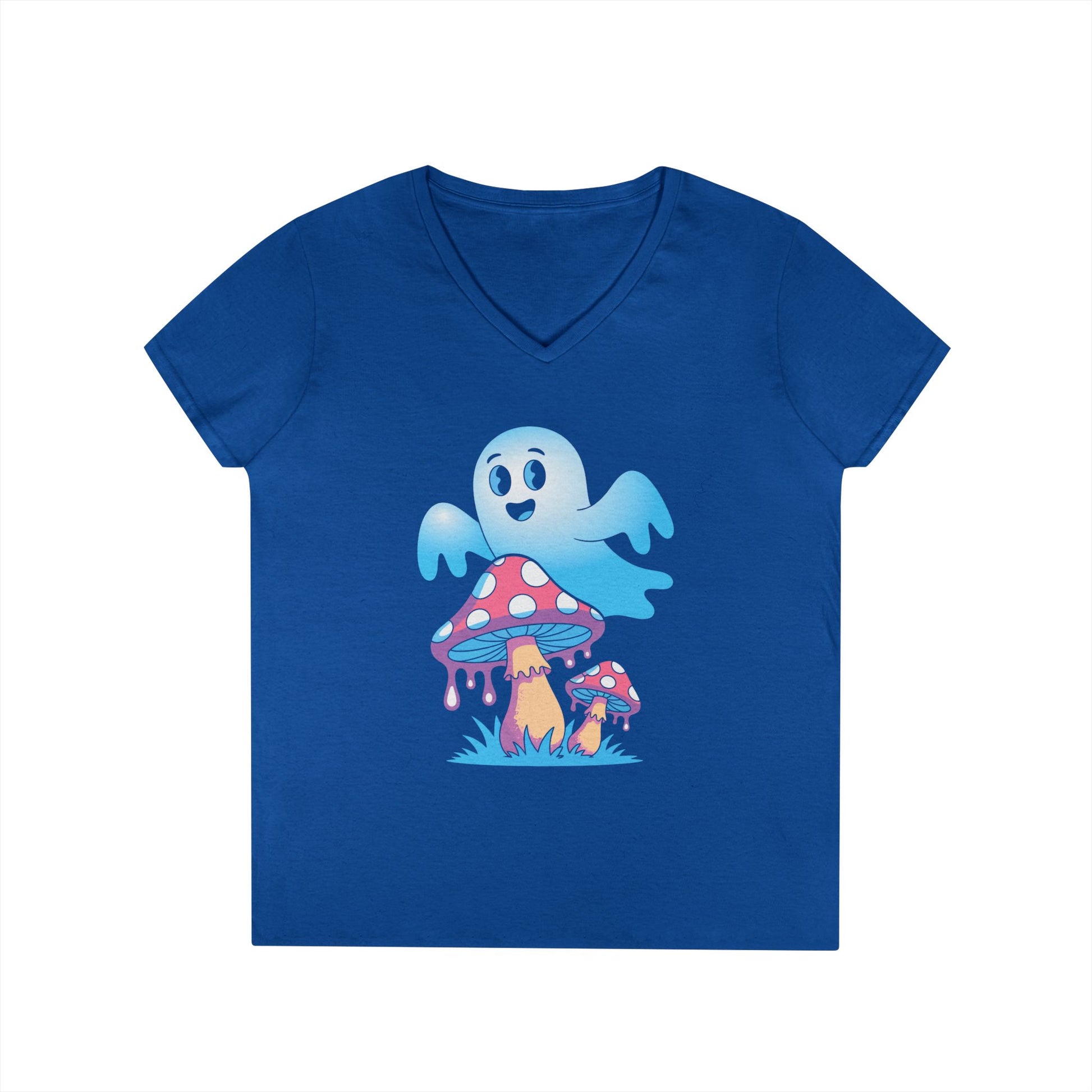 Cute Ghost Mushroom Art Ladies’ V-Neck T-Shirt Whimsical Fantasy Style | TEEZOCA 