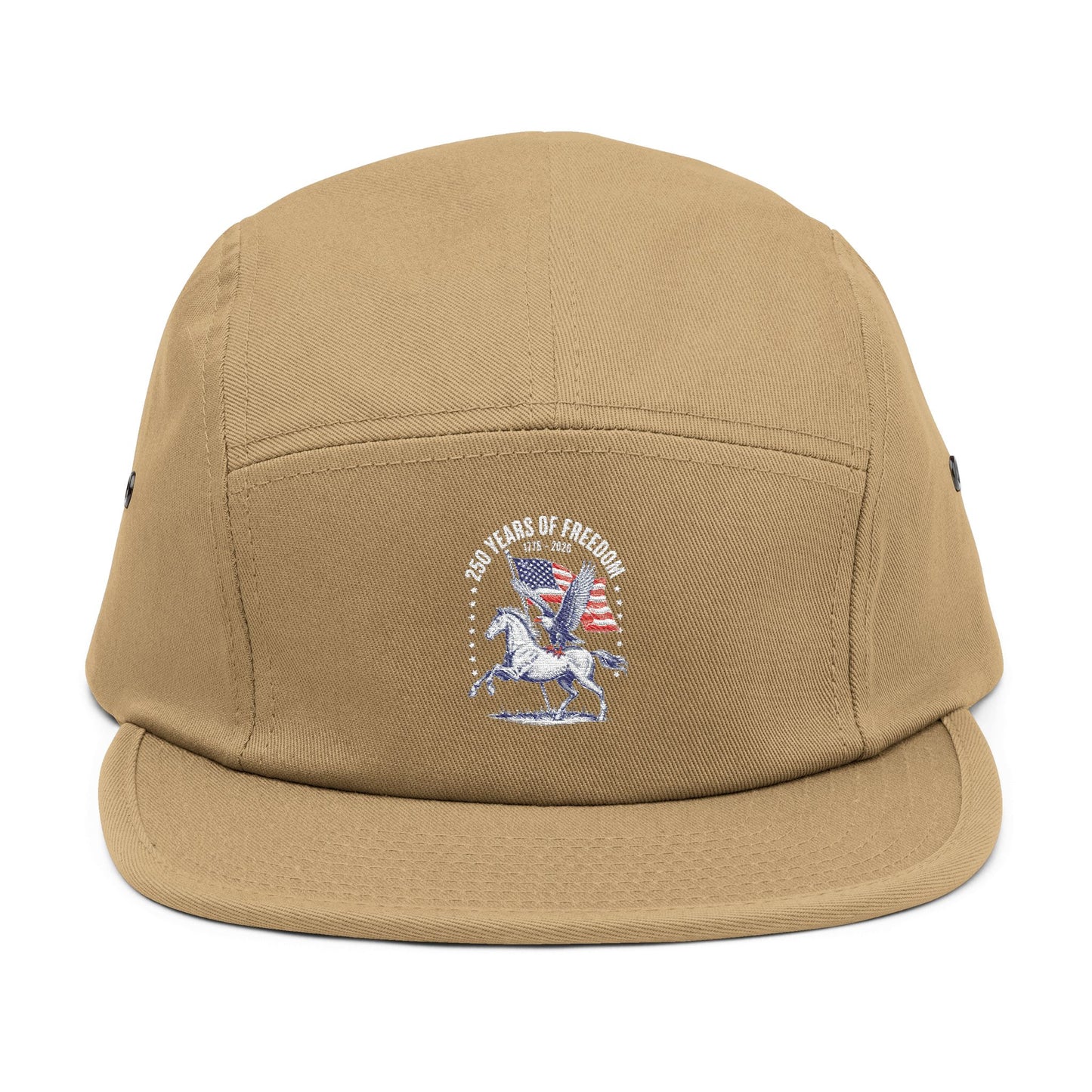 TEEZOCA khaki/tan 5-panel cap with patriotic americana emblem graphic, flat lay view.