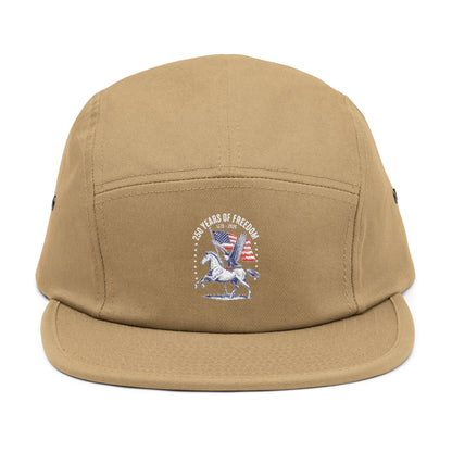 TEEZOCA khaki/tan 5-panel cap with patriotic americana emblem graphic, flat lay view.