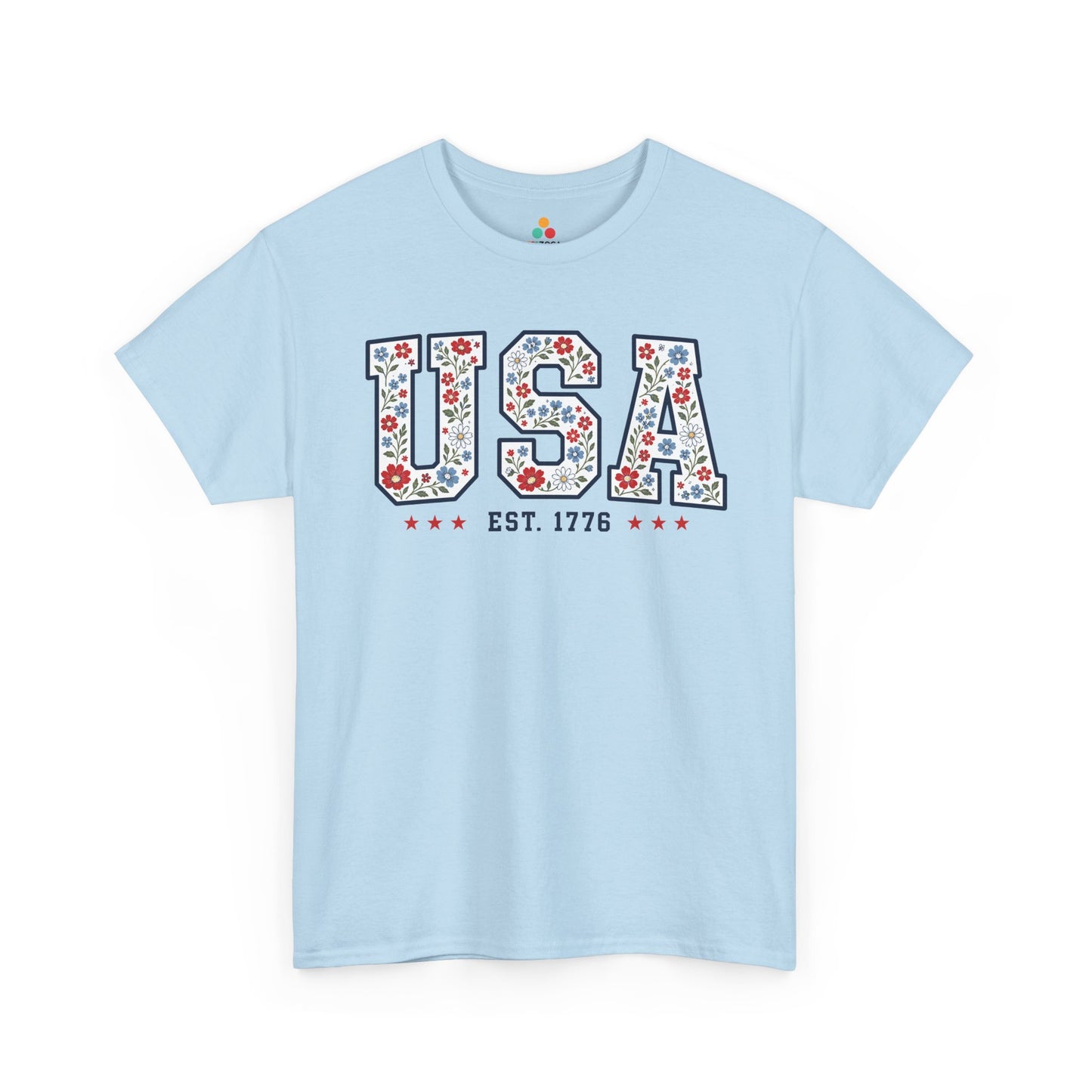 TEEZOCA ladies fourth of july tops t-shirt design with floral american flag shirt lettering and cute patriotic shirt appeal.
