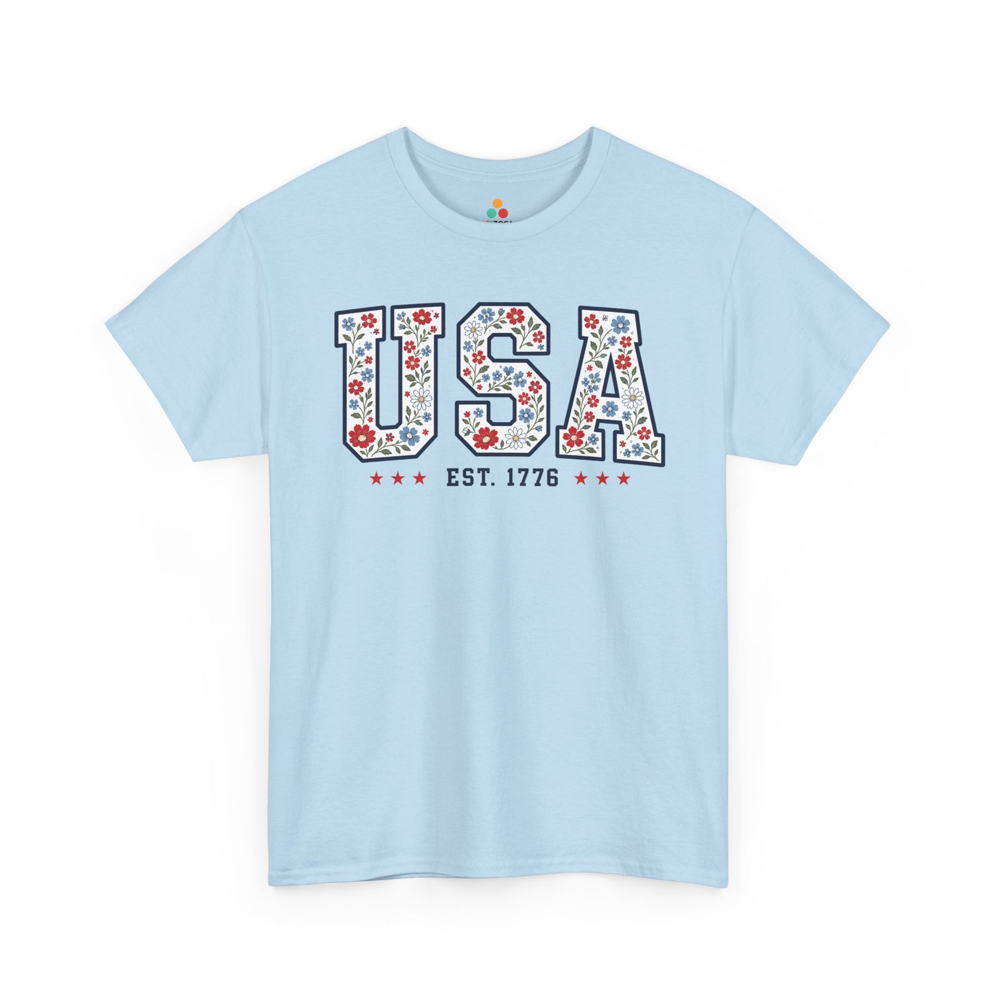 TEEZOCA ladies fourth of july tops t-shirt design with floral american flag shirt lettering and cute patriotic shirt appeal.
